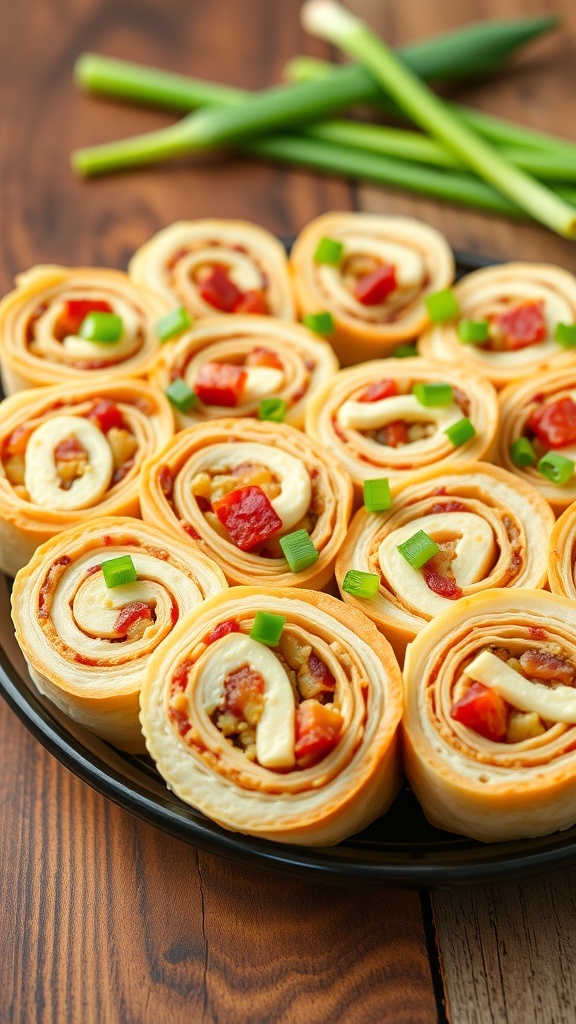 Bacon Cheeseburger Pinwheels Recipe A platter of bacon cheeseburger pinwheels, garnished with green onions, on a rustic wooden table.
